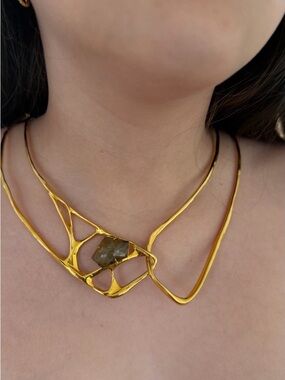 ALEXIS BITTAR Gold-Tone Statement Necklace with Central Smoky Gem